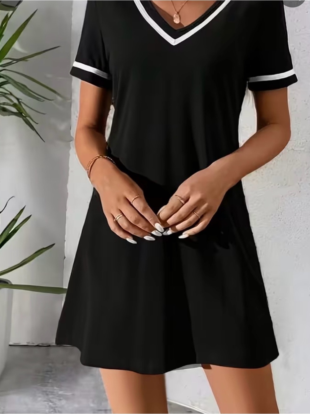 V-Neck Black Short Sleeve Dress with Contrast Trim